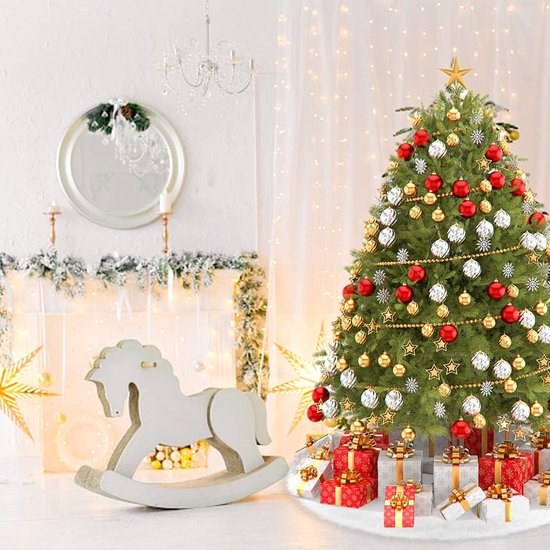 KONVINIT Witte kerstboomrok Faux Fur dikke kerstboomrok met zilveren pailletten sneeuwvlok grote boommat kerstboom dekenhoes, wit met zilveren pailletten