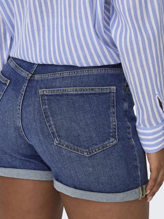 Detail van de achterkant van denim shorts met opgerolde zoom.