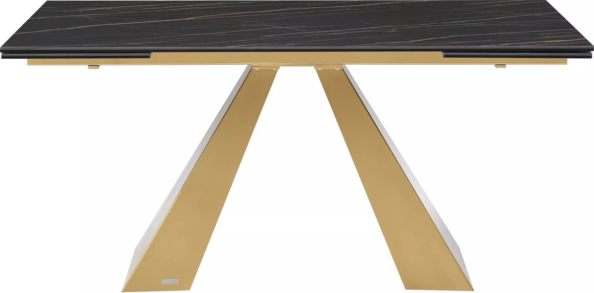 Vente-unique Verlengbare eettafel 6 tot 10 personen van gehard glas, keramiek en metaal - Zwart marmereffect en goud - LOZIPA van Maison Céphy