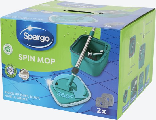 VENTEO Extra grote centrifugemop met 360° draaibare kop, emmer met dubbel vak, reiniging en centrifugeren, 4 wasbare microvezeldweilen, XL-steel 130 cm met kogelkop met clips