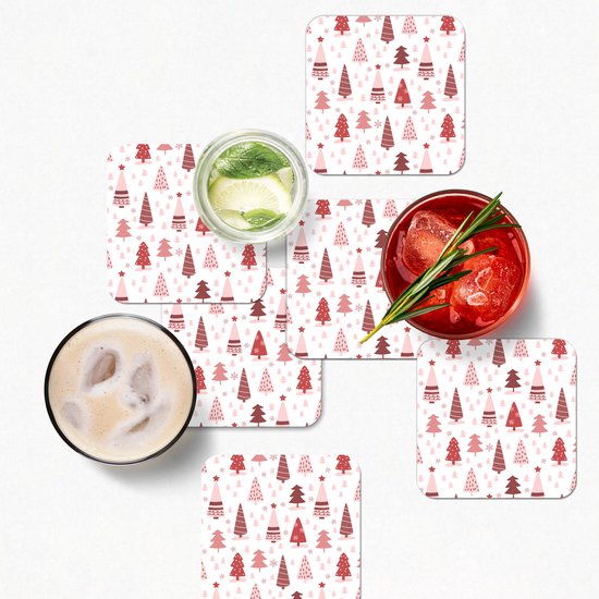 Sous-verres de verre - Sapin de Noël - Pastel - Noël - Motifs - 10x10 cm - Dessous de verre - 6 pièces - Décoration de table de Noël - Décoration de table de Noël - Décoration de table