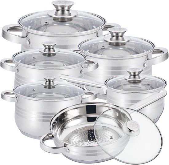 Batterie de cuisine – 12 pièces – Pour induction et gaz – Passe au lave-vaisselle – Acier inoxydable avec Couvercles en Verres