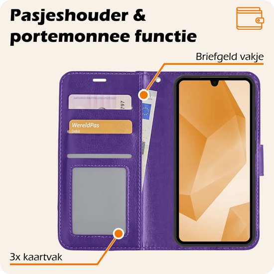 Paarse telefoonhoes open, toont "Pasjeshouder & portemonnee functie", 3 kaartvakken, 1 vakje voor geld.