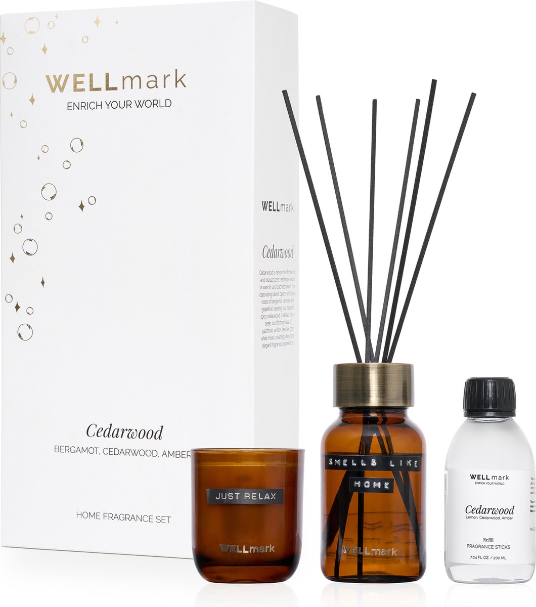 Wellmark gifset geurstokjes & kaars - cedarwood - amber - 220gr - 200ml - tekst: just relax & smells like home