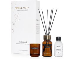 Wellmark gifset geurstokjes & kaars - cedarwood - amber - 220gr - 200ml - tekst: just relax & smells like home