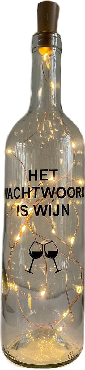 Hip met Pit Creaties - Lichtfles "Het Wachtwoord is Wijn" - 20 LED Lampjes - Wijnliefhebber Cadeau - Sfeerverlichting - Grappig Origineel Cadeau - Batterij