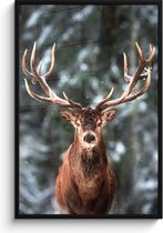 Poster in lijst - Fotolijst 80x120 cm - Posters - Hert - Winter - Sneeuw - Bos - Natuur - Dier - Posterlijst zwart - Decoratie - Wanddecoratie woonkamer - Muurdecoratie slaapkamer