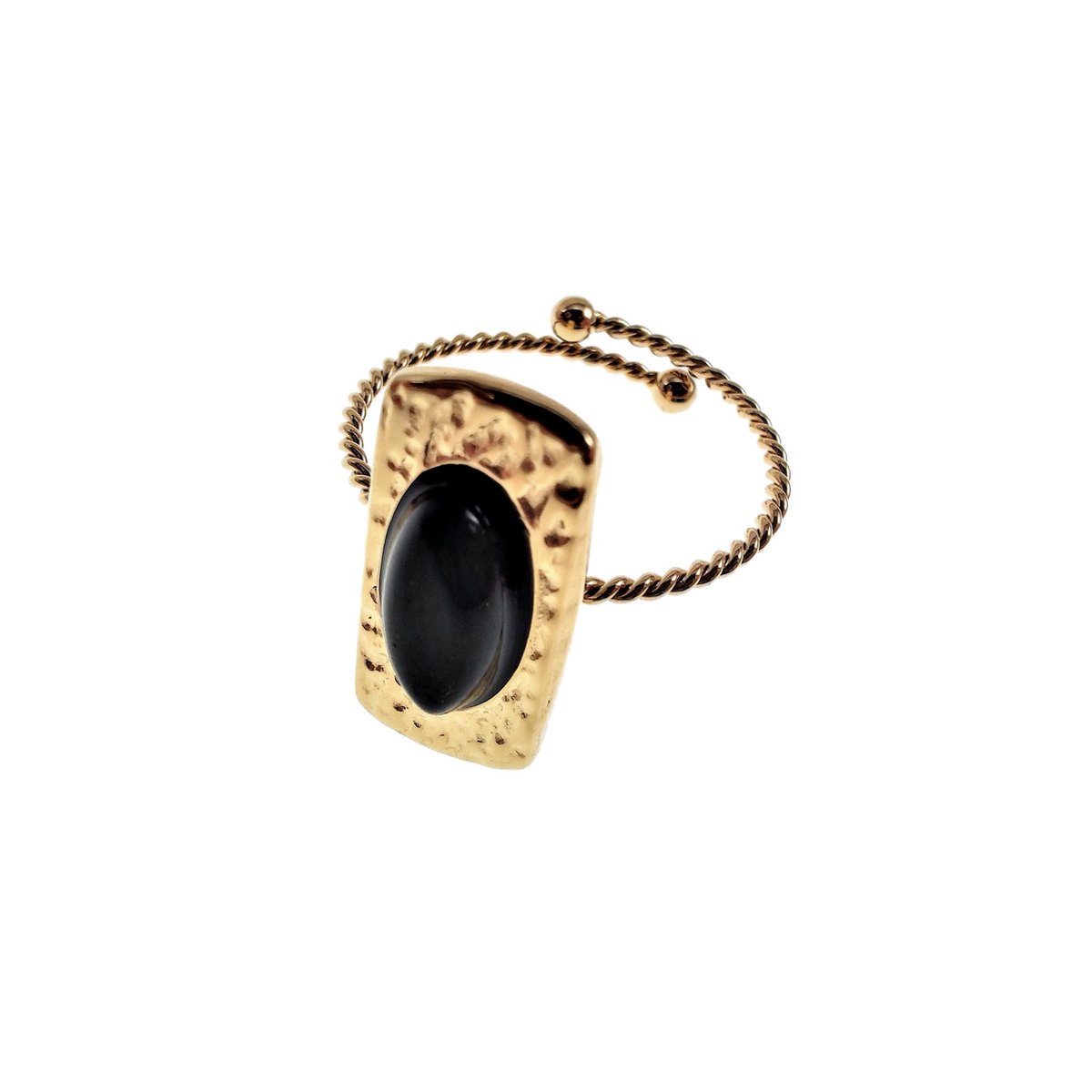 Ring Dames - Gold Plated RVS - Verstelbaar Ring - Smalle Ring met Zwarte Steen - Dottilove