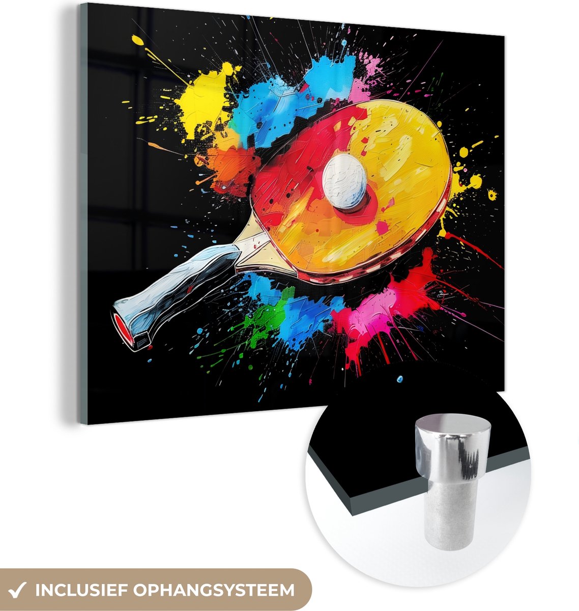 MuchoWow® Glasschilderij 160x120 cm - Schilderij acrylglas - Graffiti - Sport - Tafeltennis - Verf - Foto op glas - Muurdecoratie woonkamer - Wanddecoratie slaapkamer - Schilderijen