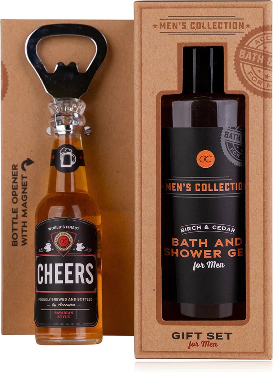 Goedkoopste Geschenkset Cadeauset Heren Douchegel (150 ml) in Trendy Geschenkverpakking Bierflesje als Flesopener - Geur Berk & Ceder
