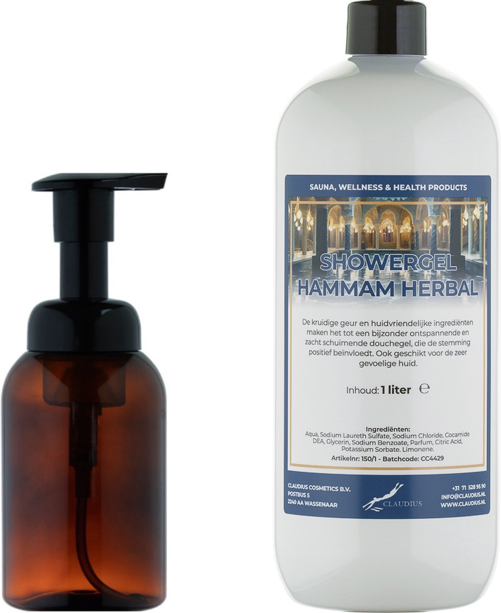 Goedkoopste Zeepdispenser 300 ml amber bruin hervulbaar 1 liter Showergel Hammam Herbal navulling