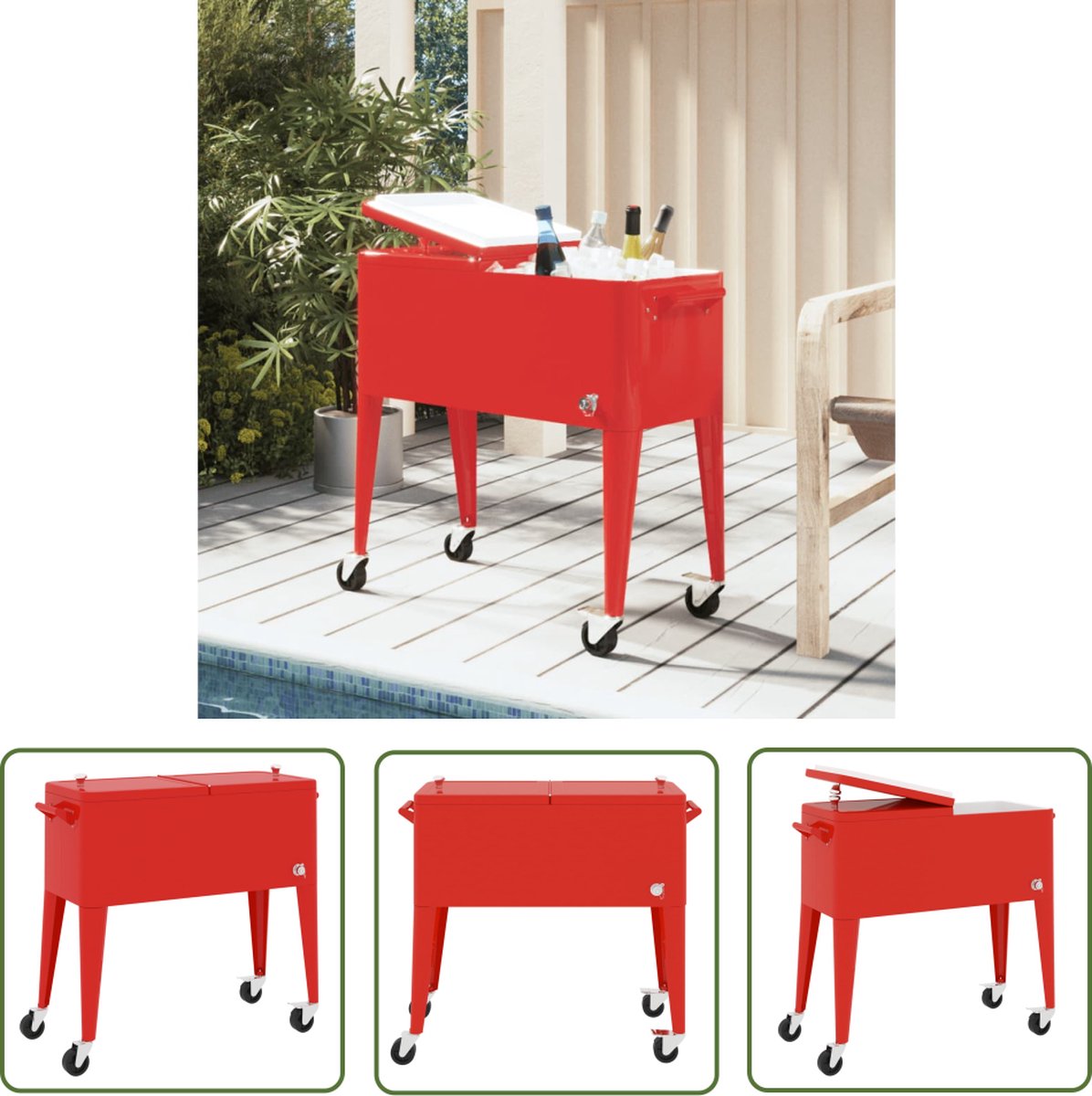 The Living Store Rijdende Koelwagen - Grote Inhoud - Uitstekende Isolatie - Handig Vervoer - Praktisch Ontwerp - Rood - 92 x 43 x 89 cm