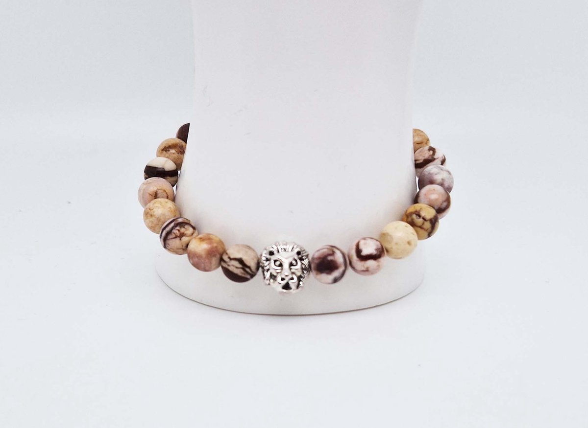 Handgemaakte natuursteen armband met Metalen vorm - Model 16 - "Australia zebra jasper" -8 mm diameter van de korrel- Diameter armband 20 cm - Een mooi cadeau voor familie en vrienden