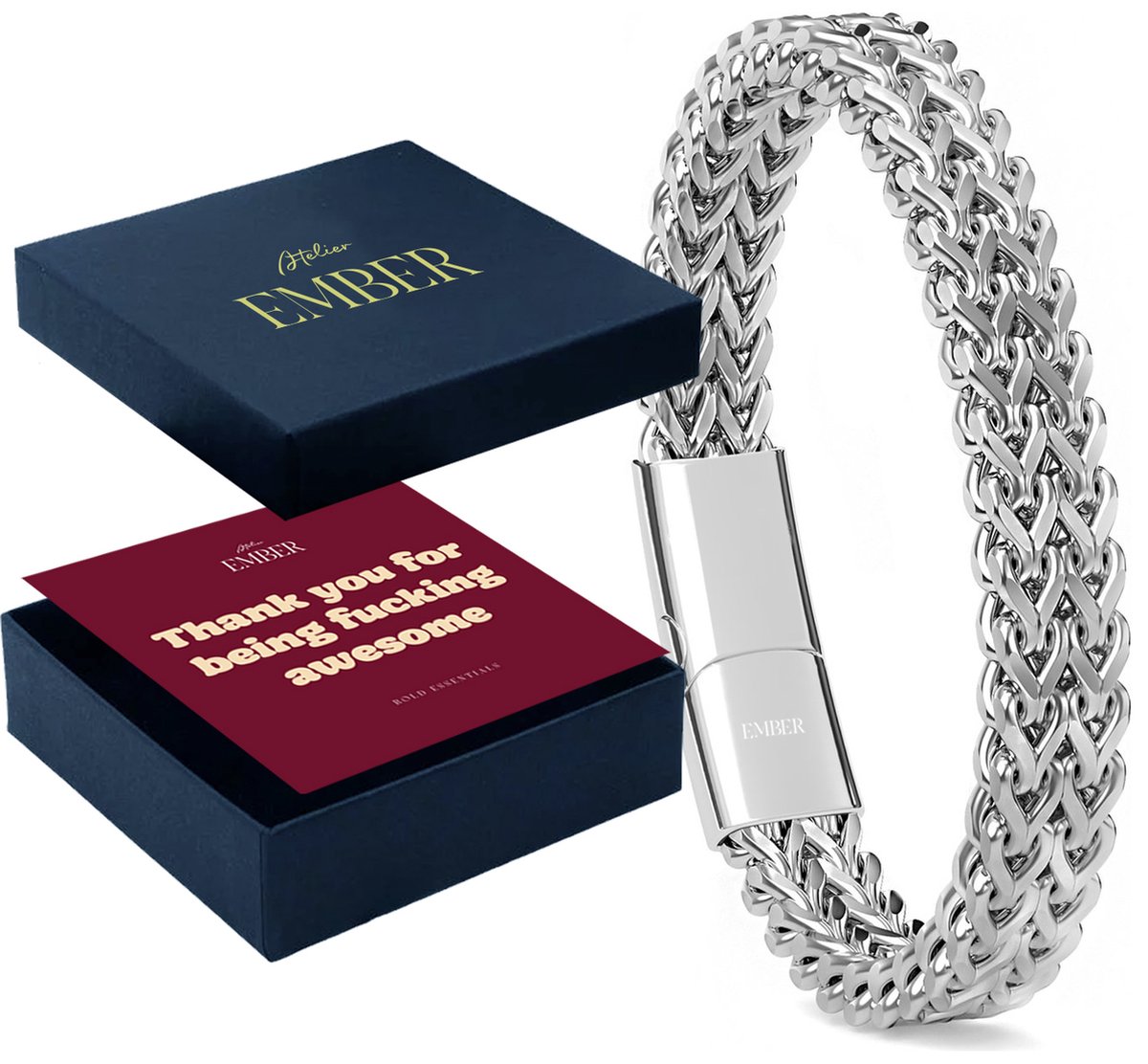Atelier EMBER - Handgemaakte RVS Schakel Armband Heren - Cadeauset Awesome - 20CM + 1,5CM - Luxe Sieradendoos Giftset - Originele Cadeautjes voor hem Mannen Verjaardag, Papa, Vriend, Vader, Opa - Geschenkset - Cadeau pakket Man