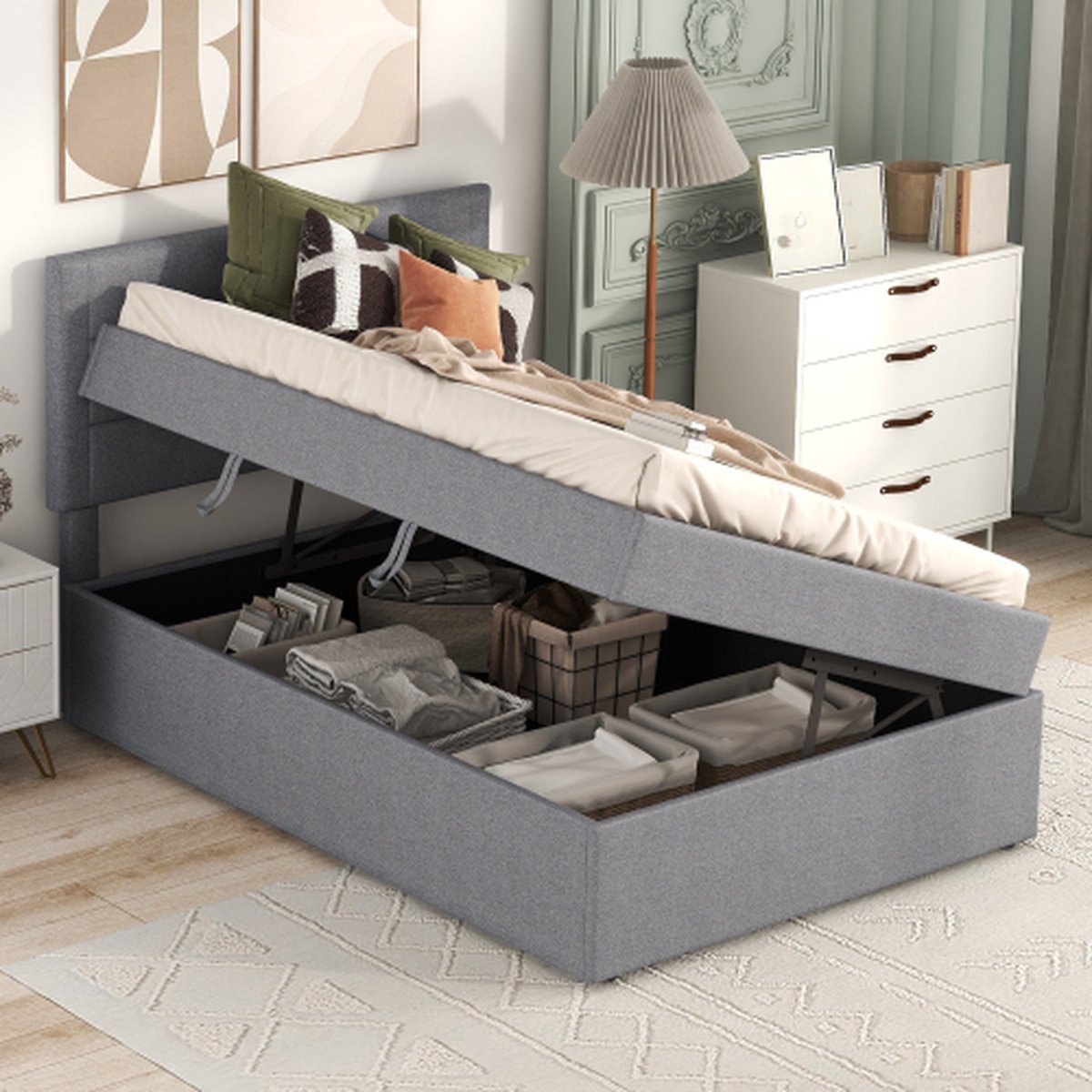 Gestoffeerd bed, eenpersoonsbed met lattenbodem van metalen frame, grote opbergruimte, beige, 200x90cm.