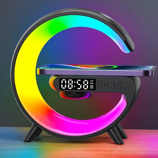 JJ-Multifunctionele Wake-up light Mini G-Lamp - ZWART - Draadloos Opladen Licht Led Wekker Display SD kaart input Draadloze Oplader - Digitale Wekker - Lichtwekker - Bureaulamp - LED Light - Bluetooth Speaker