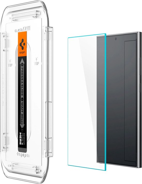 Installatieframe met Spigen logo naast een screenprotector.