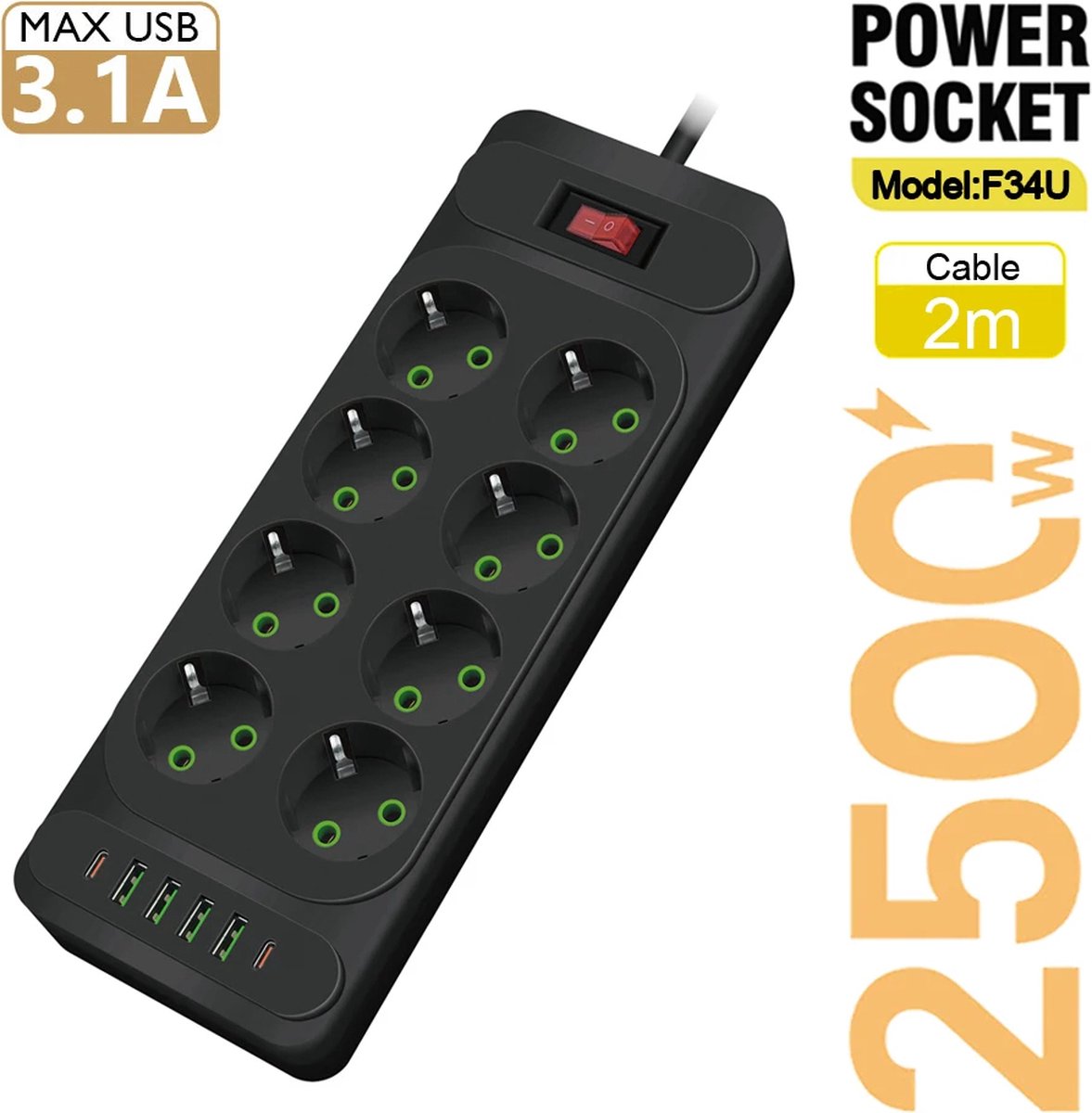 Eu Stekker Ac Stopcontact Multitap Stekkerdoos 2M Verlengsnoer Elektrisch Stopcontact Smart Usb Home Office Overspanningsbeveiliging Netwerkfilter 8 sockets met 4 USB-poorten + 2 Type-C - Zwart