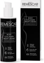 Zwarte fles en doos voor Remscar Body Collagen Night Cream met witte letters. De huid wordt gladder en strakker.