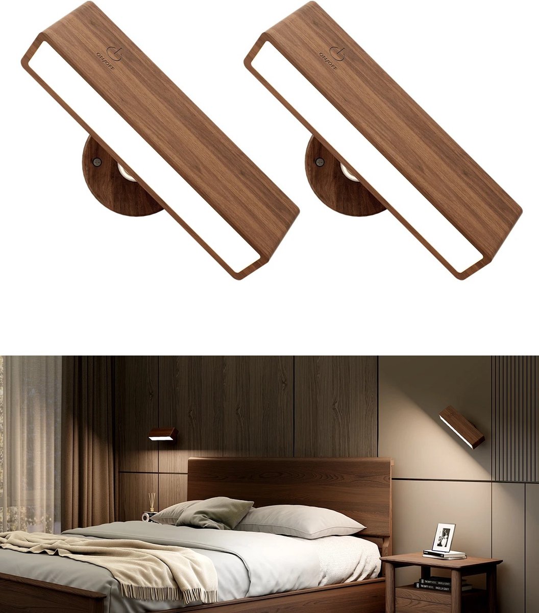 J&R Wandspot - Noordse houten wandlamp - Leeslamp - Lamp - 360 rotatie - Dimbaar - Slaapkamer - Hal - Wachtruimte - Woonkamer - Wandmontage - Met afstandsbediening - USB oplaad connection - Donker hout - set van 2