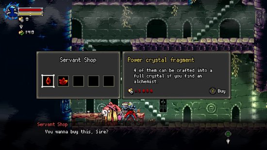 2D-gameplay: een winkelmenu toont een rode edelsteen; een ridder met rode cape praat met een verkoper in een donkere taverne.