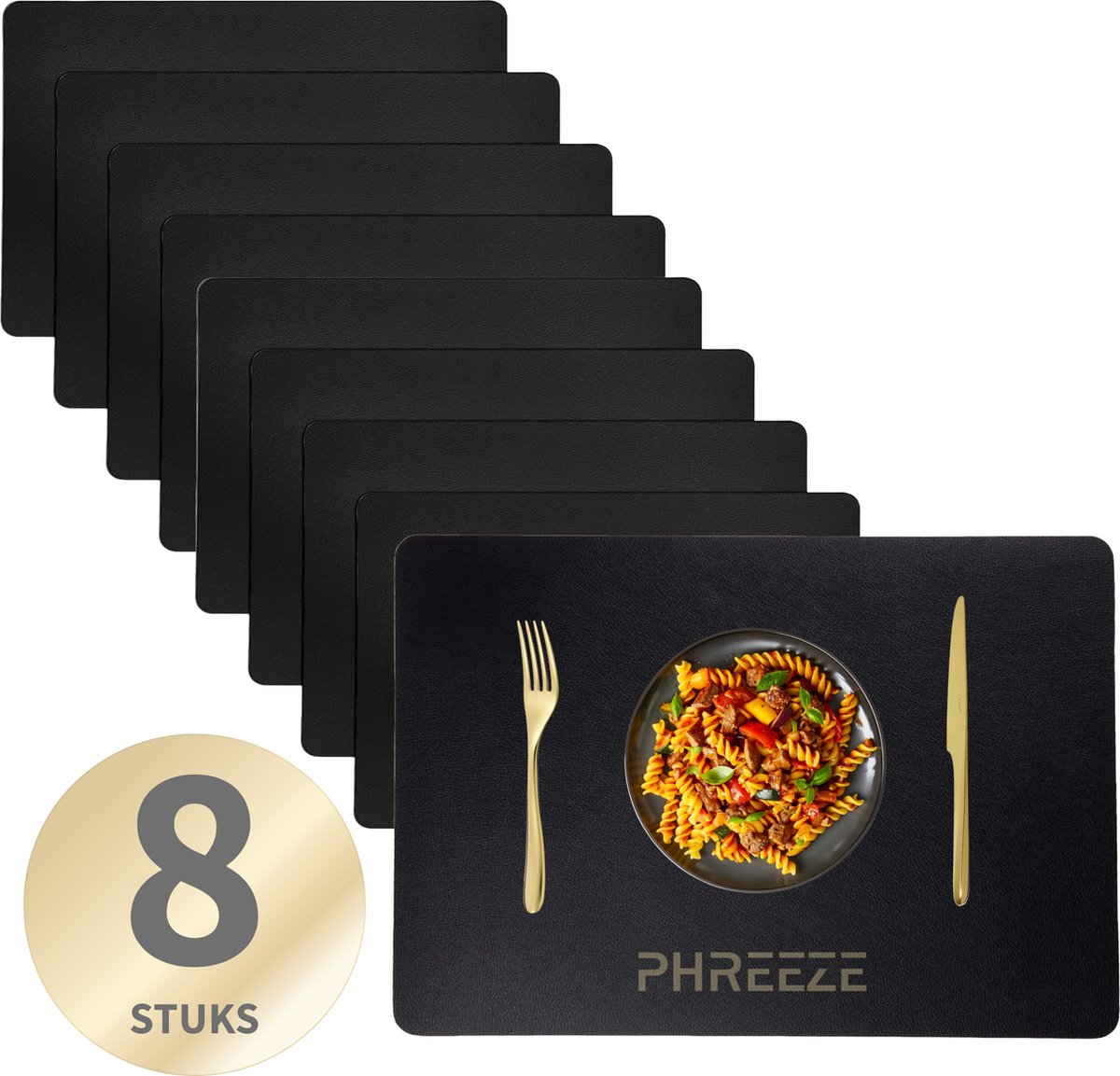 Luxe Placemat Kunststof - 45 x 30 cm - Set van 8 Stuks - Lederlook Placemats - Antislip - Waterafstotende Onderlegger - Onderzetter - Zwart