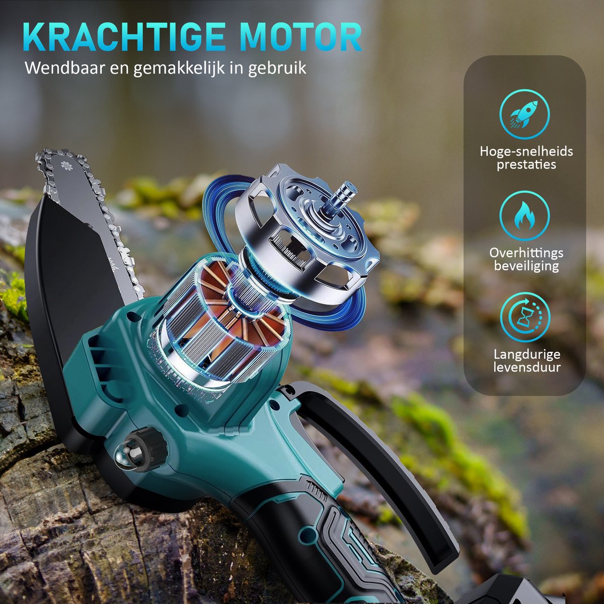 Trimmex® Mini kettingzaag Inclusief 2 Led-Accu's - 2X 4000mAh - Elektrisch Handkettingzaag - Snoeizaag - Takkenzaag - Handzaag - Boomzaag - Automatische Kettingsmering - Brushless – foto 5