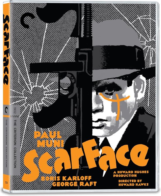 Scarface Blu-ray hoes met Paul Muni en een machinepistool. "Scarface" in oranje letters.