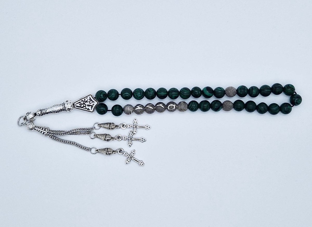 Handgemaakte naam tasbih 33 Kralen Natuursteen “Malachiet” - met metaal tassel “ Kruis"- Met je naam of de naam van uw geliefde- 8 mm diameter van de korrel