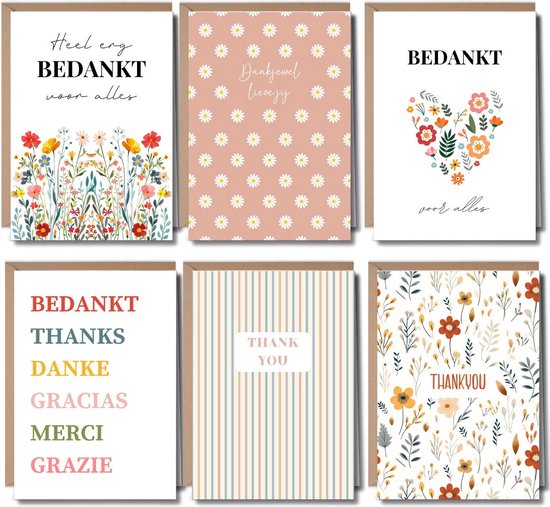 Wenskaarten Set - Bedankt Kaartjes - Bedankt Kaarten - Wenskaarten met Envelop - Kaartenset - Wenskaarten - Kaartjes om te versturen - Blanco Kaartjes - Wenskaarten Blanco - 6 Stuks Gevouwen A6 Kaarten