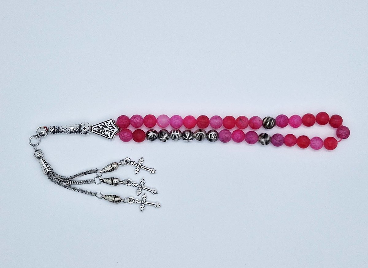 Handgemaakte naam tasbih 33 Kralen Natuursteen “Banded Agaat Magenta roze” - met metaal tassel “ Kruis"- Met je naam of de naam van uw geliefde- 8 mm diameter van de korrel
