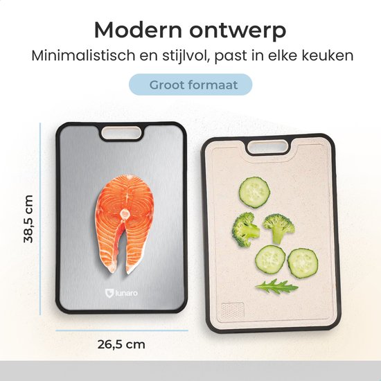 Lunaro Titanium Snijplank Dubbelzijdig - PFAS-vrij - Vermijd Microplastics - Met Raspdeel & Sapgeul - 39x27cm