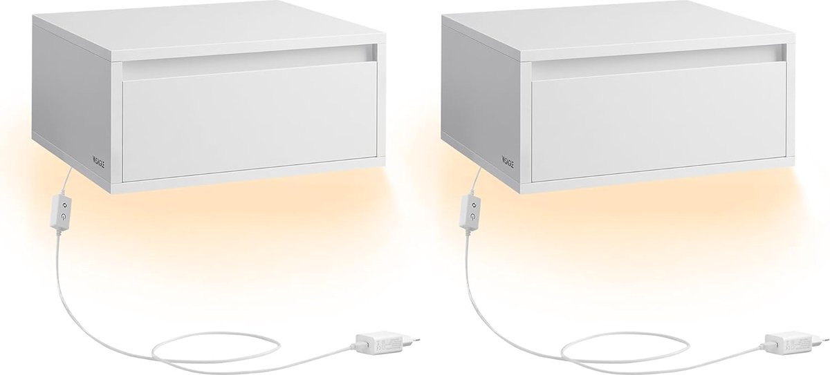 Nachtkastje Hangend Set van 2, Licht met 3 Kleuren, Zwevende Wandplank, Lade, 35 x 40 x 18 cm, Modern, Woonkamer, Slaapkamer, Wolkenwit LET854W01