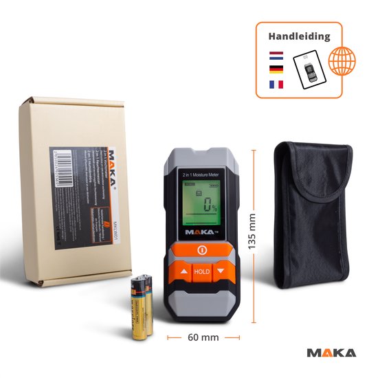 Vochtmeter MKLW01 (zwart, grijs, oranje), 2 batterijen, zwart hoesje en doosje met tekst.