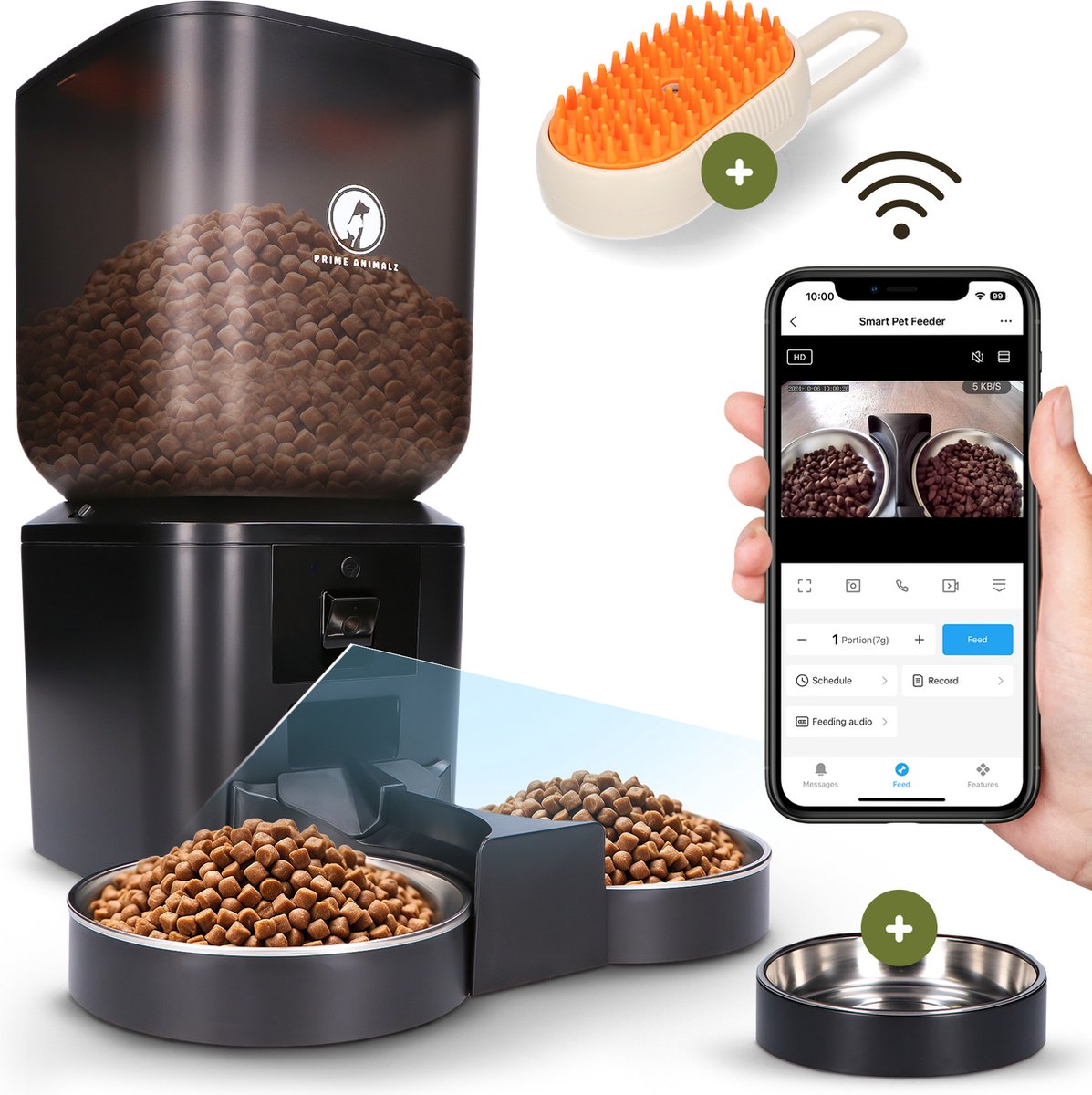 Afbeelding 2 van Prime AnimalZ Automatische Voerbak Kat & Hond 7L – Slimme Voerdispenser met Camera – Full HD 1080P Night Vision – Two-Way Audio – Voerautomaat met App – RVS Dubbele & Enkele Voerbak – Voor Katten & Honden – Met Stoomborstel – Zwart