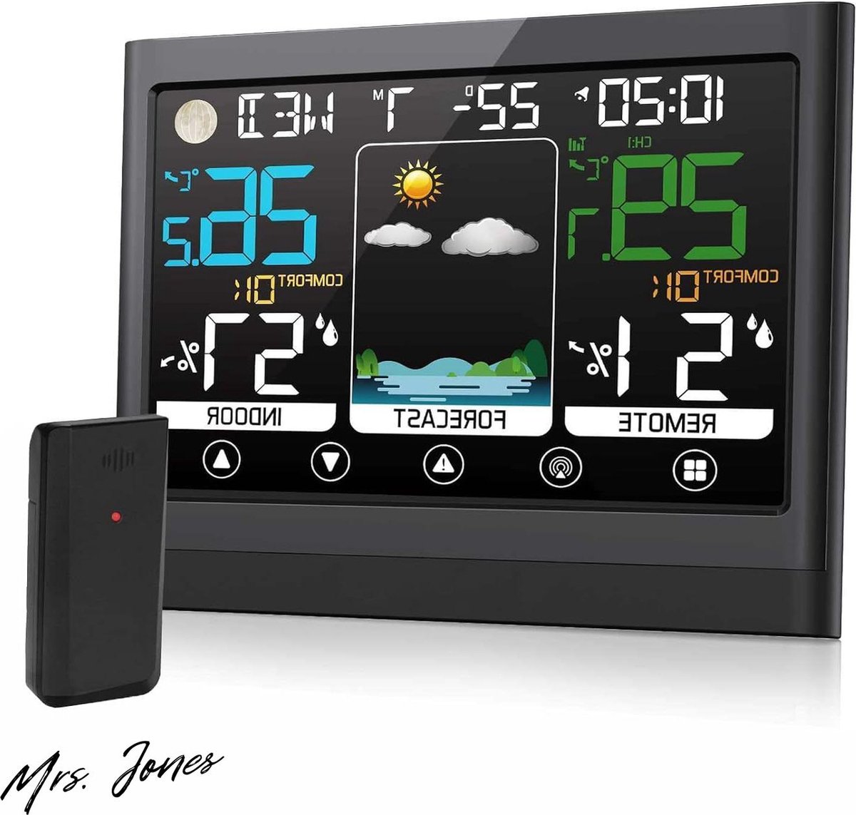 Mrs. Jones Weerstation draadloos thermometer hygrometer kleurendisplay buitentemperatuur weersvoorspelling temperatuur luchtvochtigheid tijd .