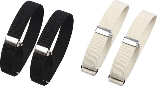 Twee zwarte en twee crème mouwophouders met zilverkleurige clips.
