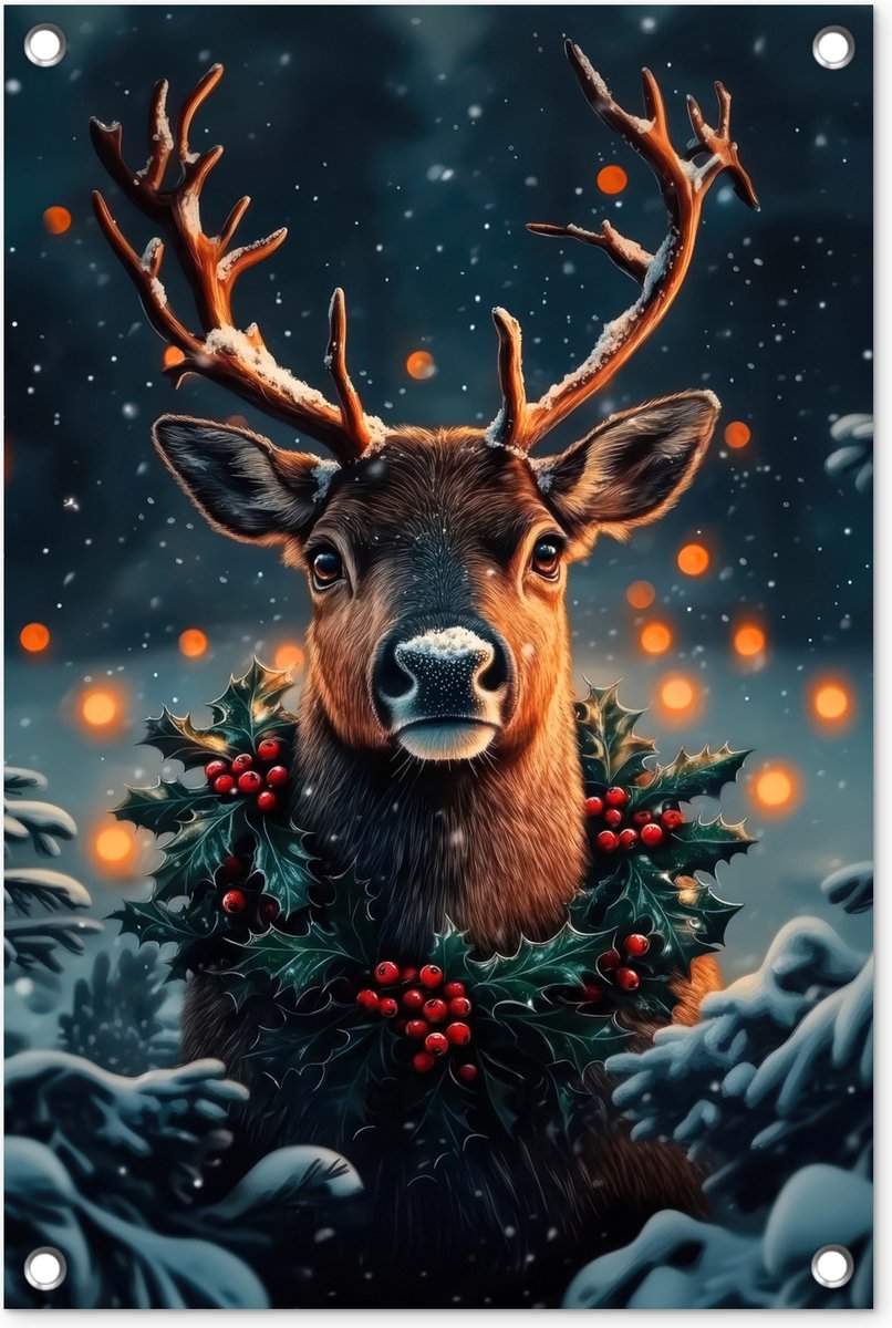 Tuinposter 40x60 cm - Tuindecoratie Hert - Kerst - Winter - Sneeuw - Kerstkrans - Poster voor in de tuin - Buiten decoratie - Schutting tuinschilderij - Tuindoek muurdecoratie - Wanddecoratie balkondoek - Kerstversiering - Kerstdecoratie