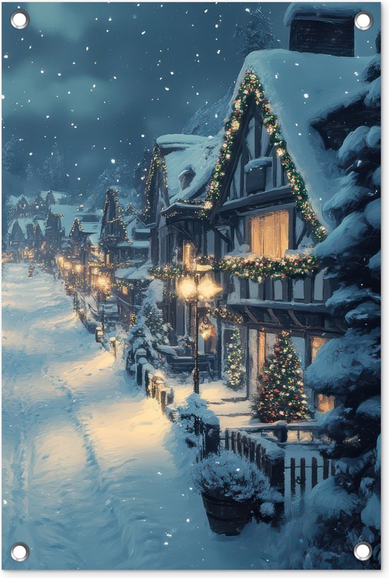 Tuinposter 40x60 cm - Tuindecoratie Kerstdorp - Kerst - Sneeuw - Winter - Poster voor in de tuin - Buiten decoratie - Schutting tuinschilderij - Tuindoek muurdecoratie - Wanddecoratie balkondoek - Kerstversiering - Kerstdecoratie