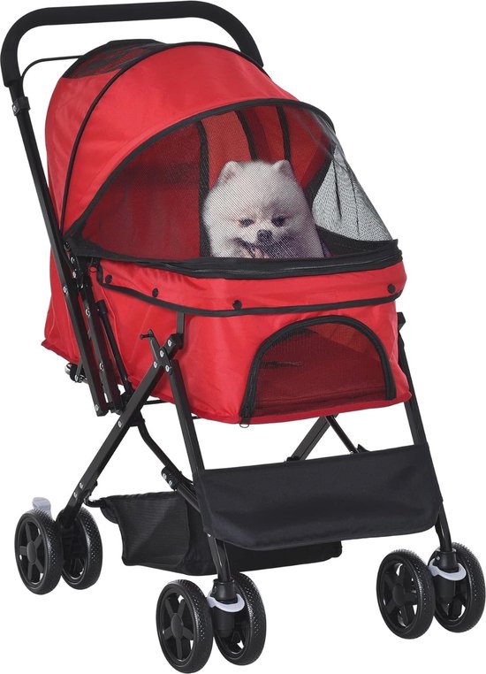 PawHut Opvouwbare kinderwagen voor honden met 4 wielen, EVA, verstelbaar stuur, mand en opbergtas, 76,5 x 52 x 95 cm, grijs