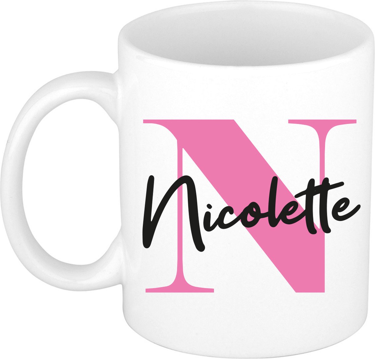 Bellatio Decorations Naam mok Nicolette - roze - wit - keramiek - 300 ml - cadeau beker