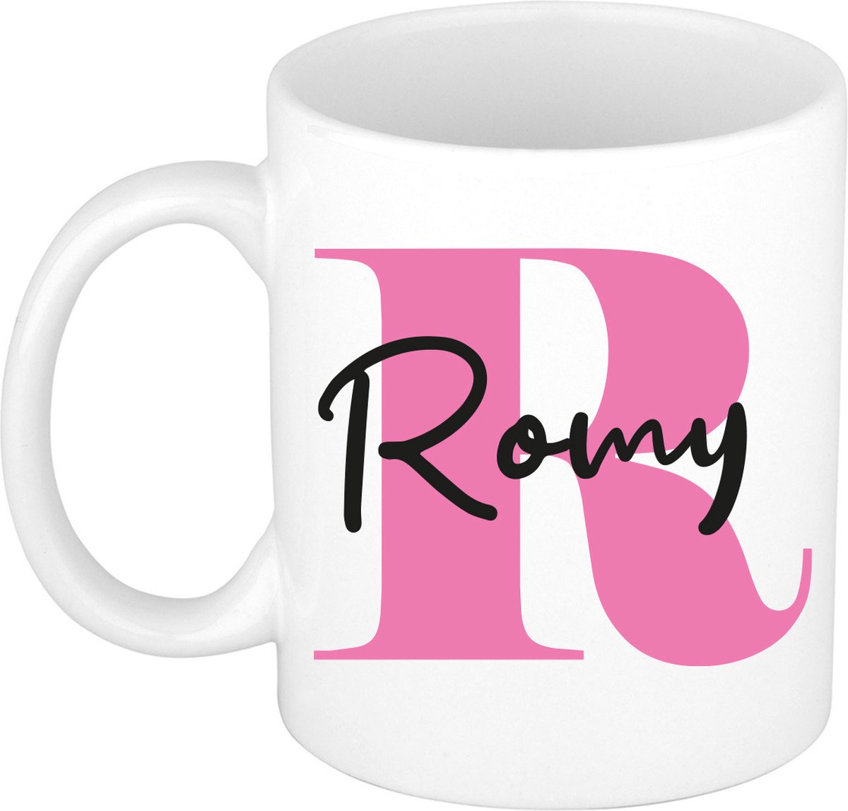 Bellatio Decorations Naam mok Romy - roze - wit - keramiek - 300 ml - cadeau beker