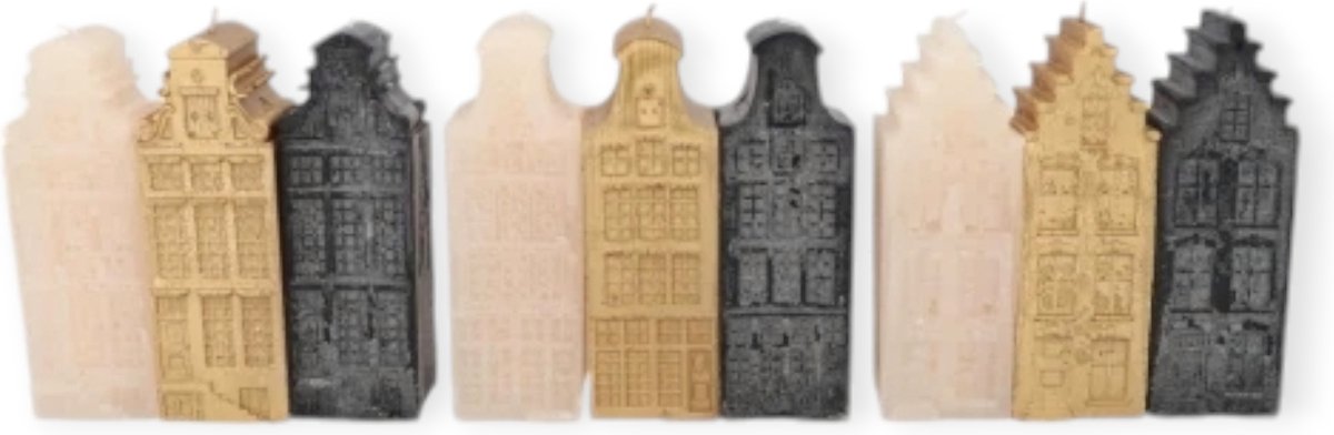 Daan Kromhout - Kaarsen - Set/3 - Hollandse huisjes - Canal houses - Zwart, Goud, Creme - Grachtenpandjes - 6x16cm