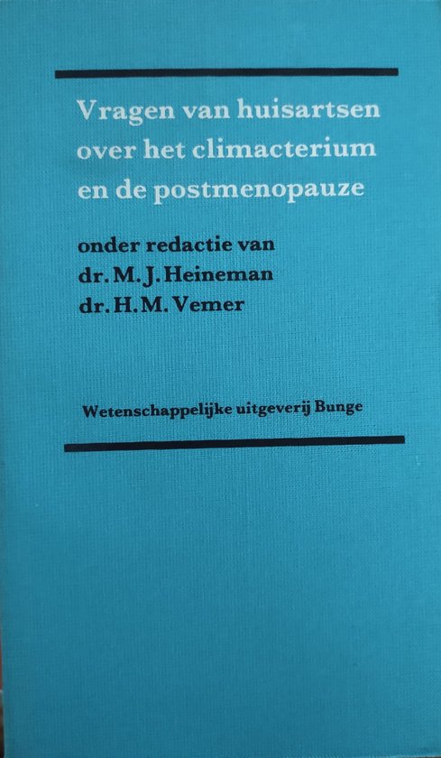 Boek kaft met tekst 'Vragen van huisartsen over het climacterium en de postmenopauze' op een blauwe achtergrond.