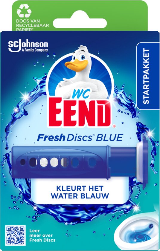 WC Eend Fresh Discs BLUE startpakket houder met 6 schijfjes in het blauw. Kartonnen verpakking.