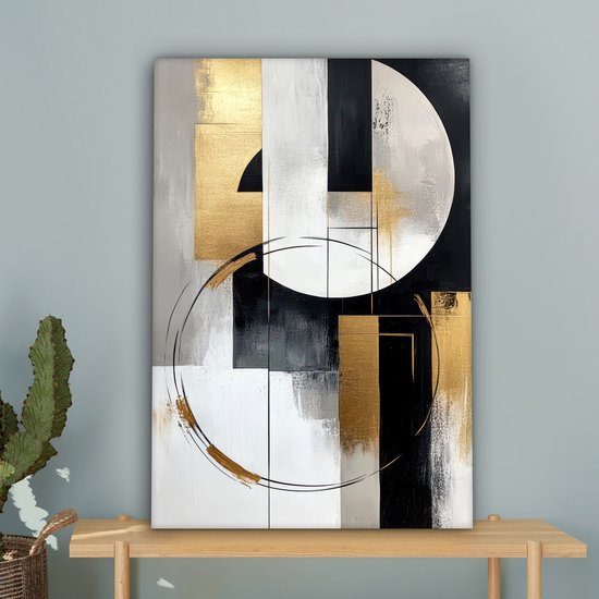 Canvas schilderij 60x90 cm - Wanddecoratie Abstract - Goud - Zilver - Vormen - Aesthetic - Muurdecoratie woonkamer - Slaapkamer decoratie - Kamer accessoires - Schilderijen op canvas