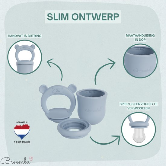 Gedetailleerde illustratie van de blauwe siliconen fruitspeen, met handvat, beker met maatstrepen en verwisselbare speen.