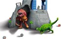 T-Rex en Ankylosaurus speelgoeddino's bij de ingang van een grot van een vulkaan speelset.