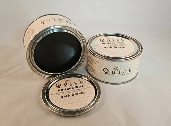 Twee blikken Quick Antique Wax Dark Brown, één open met donkerbruine wax zichtbaar.