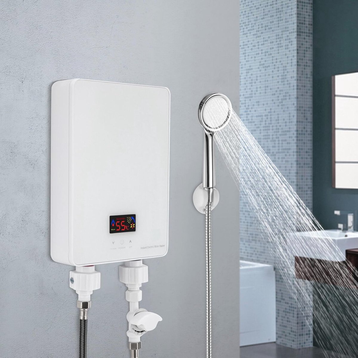 Doorstroomboiler, elektrisch warm water, 230 V, 6,5 kW, wandtankloze boiler, 30-55 °C, met bad-doucheset voor douche, huishouden, badkamer